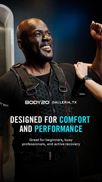 A 9:16 portrait ad featuring an EMS training suit wearer mid-session, using high-contrast lighting to highlight comfort and technical gear.